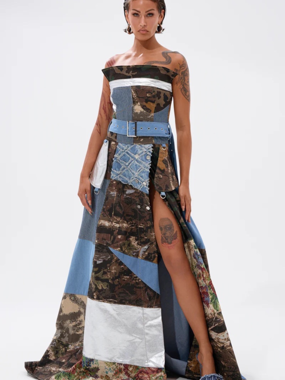 Denim Strapless Maxi Patchwork Dress